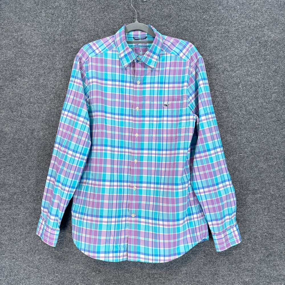 Vineyard Vines Button Up Shirt Mens Small Purple Blue Plaid OTG Performance